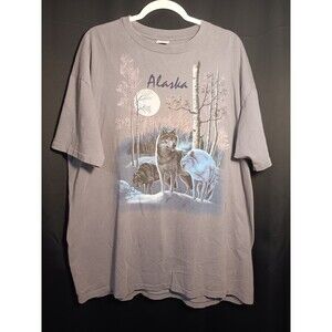 Anvil 2X Made in USA Alaska Wolf Snowy Night Tee Gray VTG Oversized Streetwear